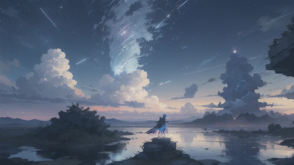 真っ暗なnight空,Octane, star (null), scenery, Blue parakeet,star, night, A girl and a boy  back to back, sit,Back view,Outdoor, city,Blue parakeet,building, cloud, 天のriver,silhouette