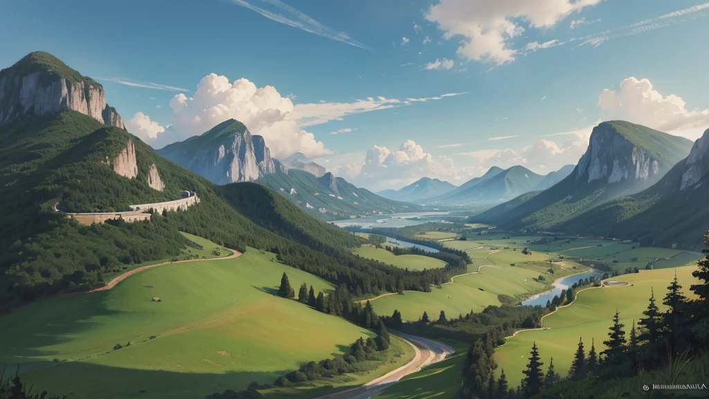 pintura de um Riu que atravessa um vale verde exuberante com montanhas ao fundo, flowing hills, digital painting with 8K resolution, digital painting with 8K resolution, digitalpainting 4k, digitalpainting 4k, digitalpainting detalhada, low detailed. digitalpainting, High Detail Digital Painting, peaceful landscape, Riu, trees and hills, detailed painting 4k, digitalpainting 4k