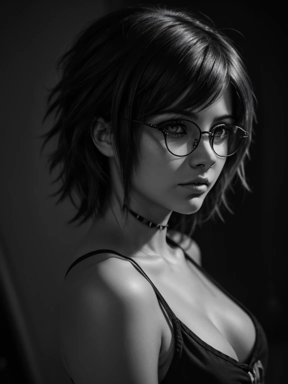 Raw monochrome photo, subject, (very detailed skin:1.2), contract for 8 thousand., SLR camera, soft lighting, high quality, detailing, Fujifilm XT3 monochrome film, masterpiece,Best quality,Ультра подробный masterpiece, Photography for documents, 1 charming chubby girl with glasses, 22 years old, with aesthetic small breasts, split, Waist-high photography, medium shot, long shot,(((punk hairstyle))), realistic very tousled dark brown tousled hair, beautiful full sensual lips, реалистичные выразительные тёмно-Brown eyes, (((realistic glasses with distorting lenses))), stylish shirt on a naked body, clear sharp focus, twilight, ambient light of a photo studio,Shadow on the face, reflection in Очки lenses, eye reflection, detailed eyes,Brown eyes,beautiful eyes,detailed face,real realistic skin,chiaroscuro, (high contrast):1.2, Dramatic shadows, Bold text, moody atmosphere, a lot of background, wide background frame, many small environmental details, Meticulously drawn background, Thrilling Intensity, expressive writing style, Black and white photography