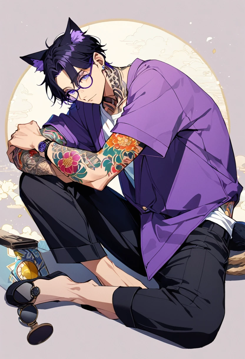 1man, short black hair, cat ears, bright blueviolet eyes, wearing a purple casual jacket, wearing a white undershirt, wearing black pants, wearing a vintage blueviolet watch, wearing round big glasses japanese style tattoos,  colorfull tattoos, tattoos all over the arms, resting head with hand