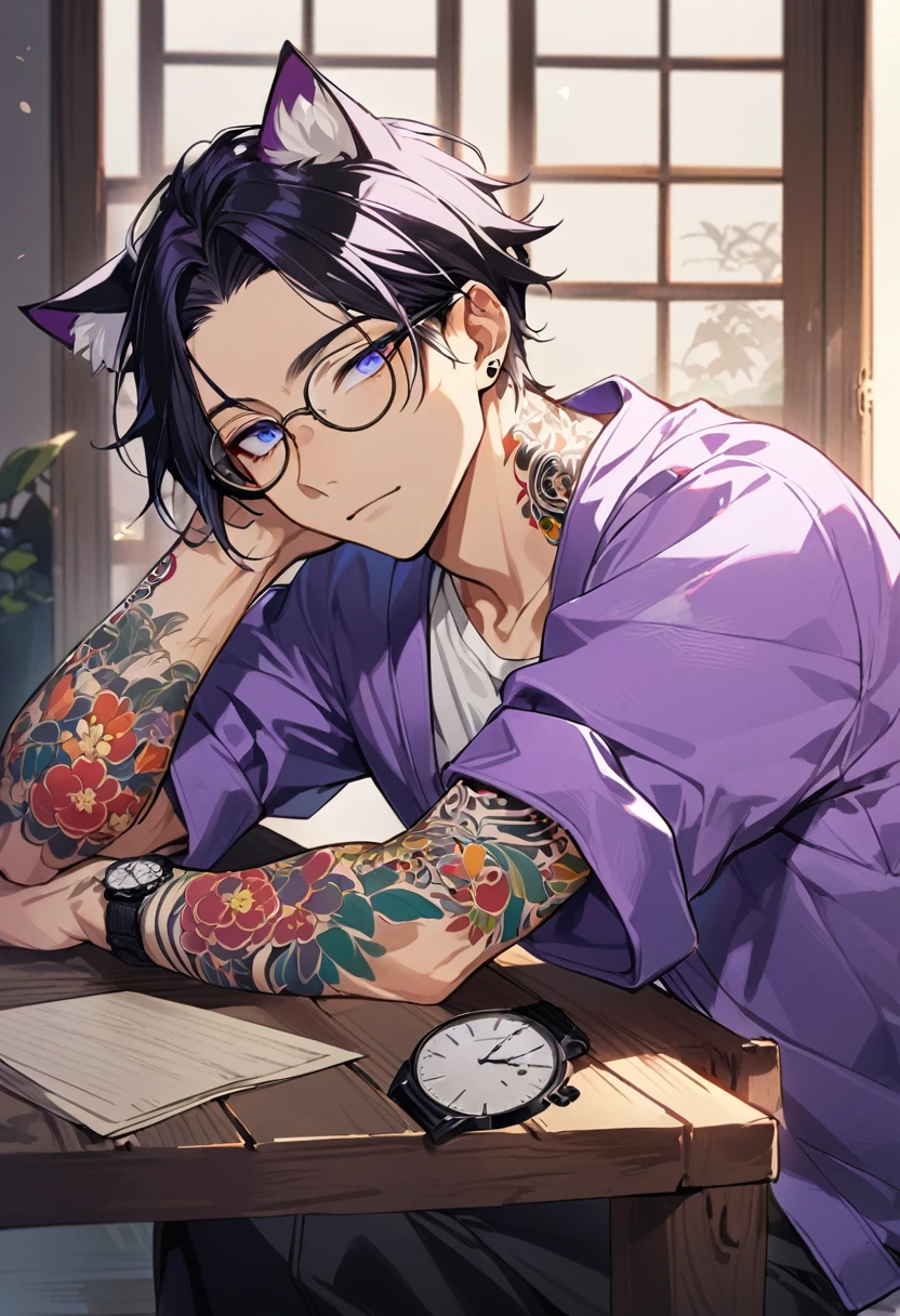1man, short black hair, cat ears, bright blueviolet eyes, wearing a purple casual jacket, wearing a white undershirt, wearing black pants, wearing a vintage blueviolet watch, wearing round big glasses japanese style tattoos, colorfull tattoos, tattoos all over the arms, resting head with hand