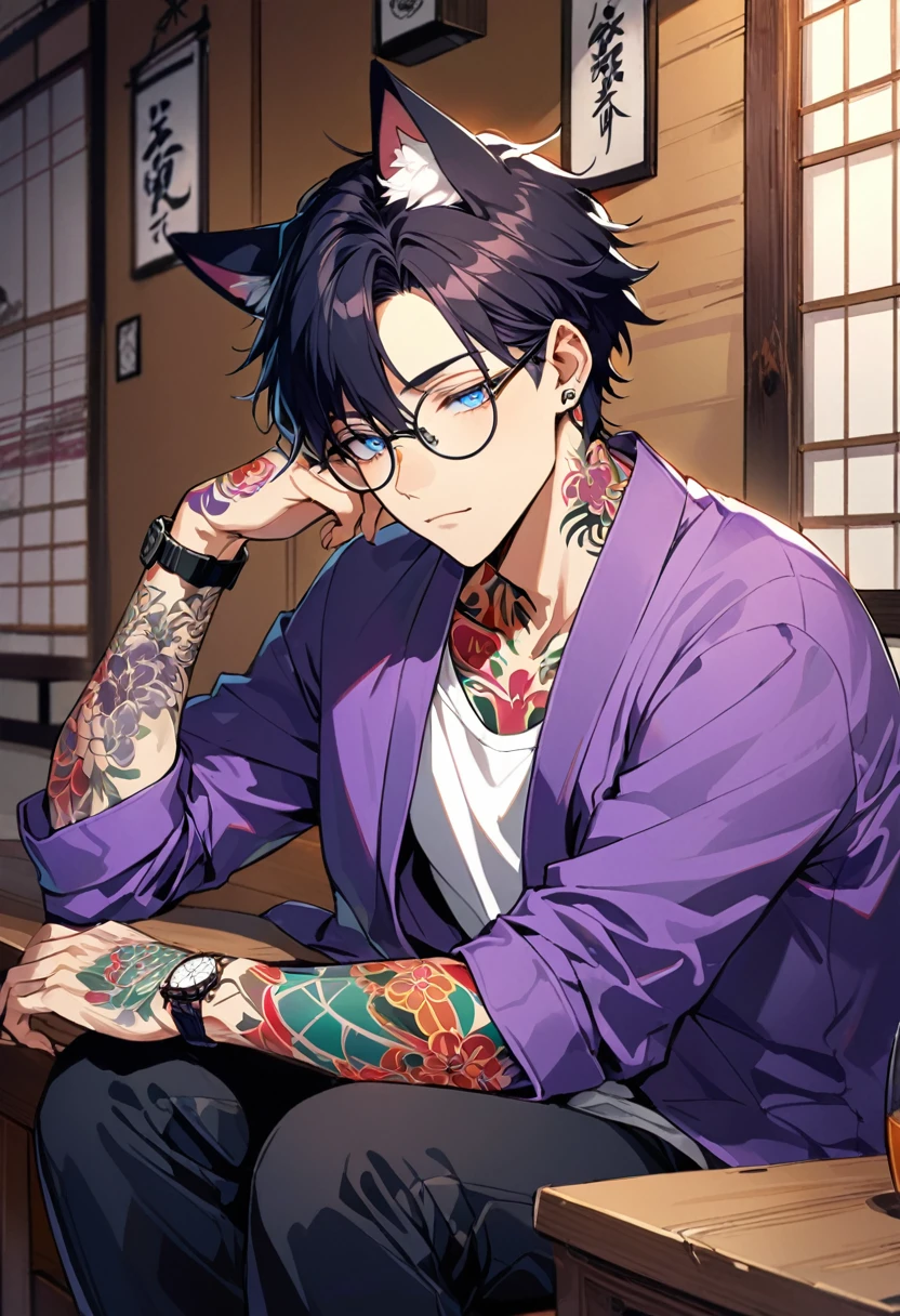 1man, short black hair, cat ears, bright blueviolet eyes, wearing a purple casual jacket, wearing a white undershirt, wearing black pants, wearing a vintage blueviolet watch, wearing round big glasses japanese style tattoos, colorfull tattoos, tattoos all over the arms, resting head with hand