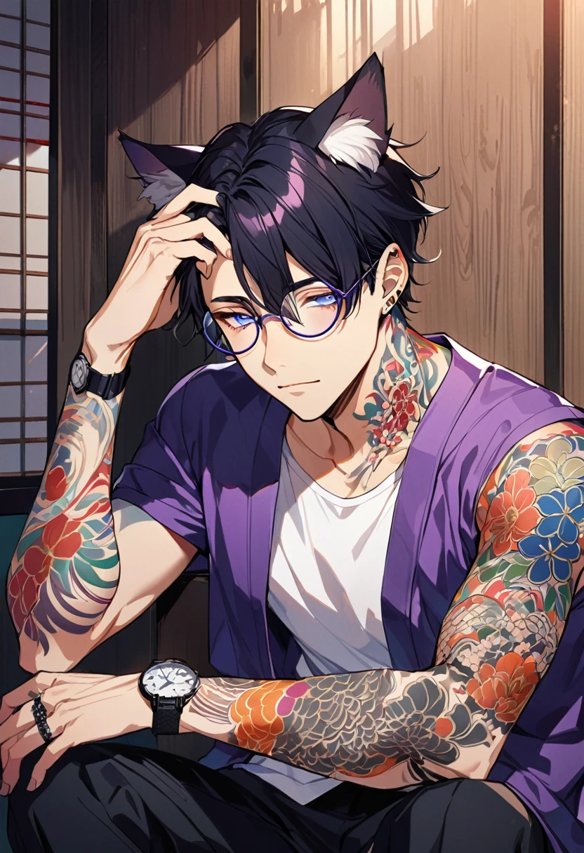 1man, short black hair, cat ears, bright blueviolet eyes, wearing a purple casual jacket, wearing a white undershirt, wearing black pants, wearing a vintage blueviolet watch, wearing round big glasses japanese style tattoos, colorfull tattoos, tattoos all over the arms, resting head with hand