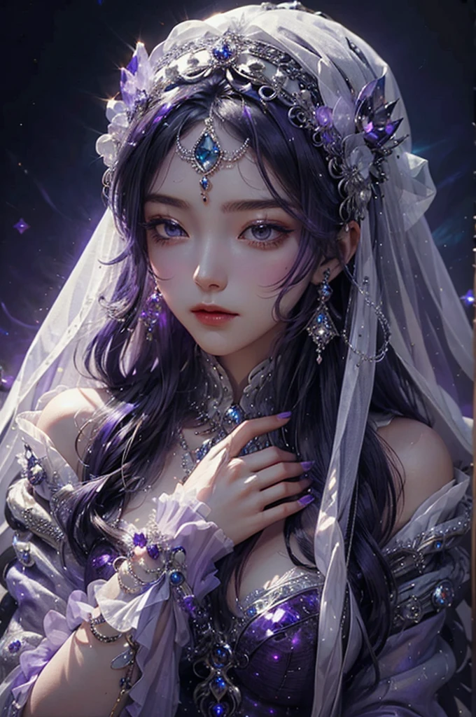 celestial goddess with a veil over her head covering her eyes holding in her hands a mystical diamond stone (purple ambiance)