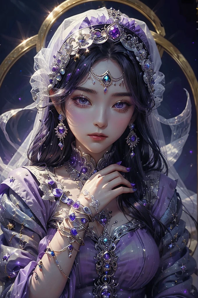 celestial goddess with a veil over her head covering her eyes holding in her hands a mystical diamond stone (purple ambiance)