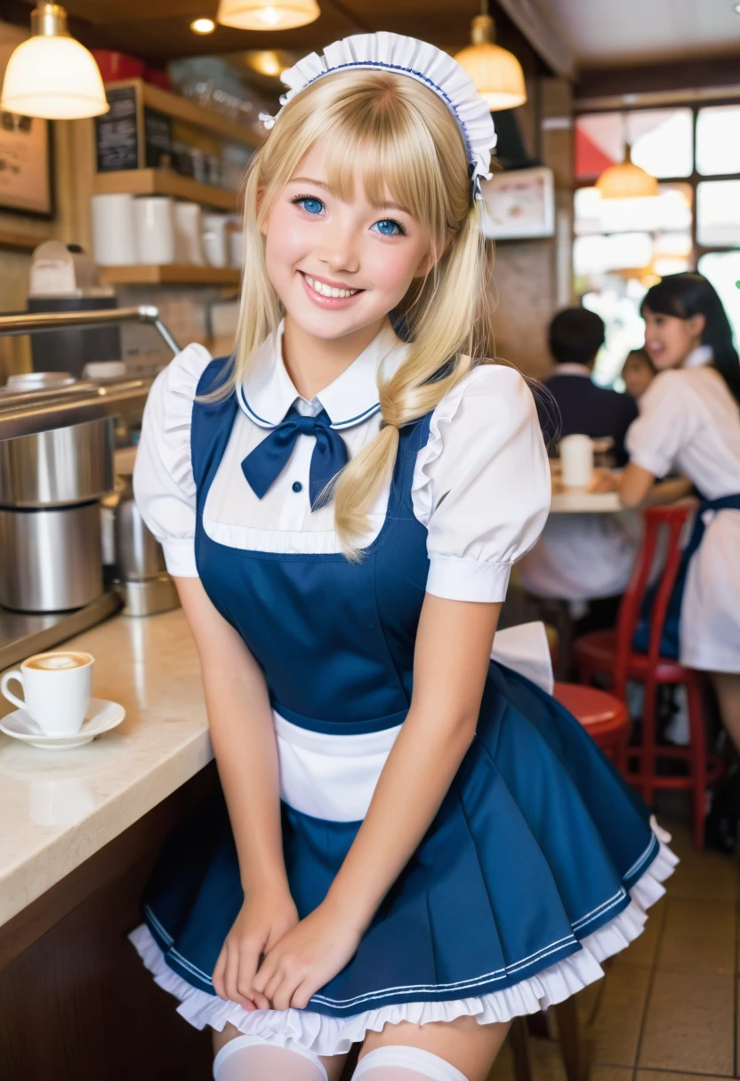 Beautiful American girl, blonde, blue colored eyes, 18-years old, wearing Japanese maid uniform, mini skirt lifting, Grinning, in a crowded coffee shop