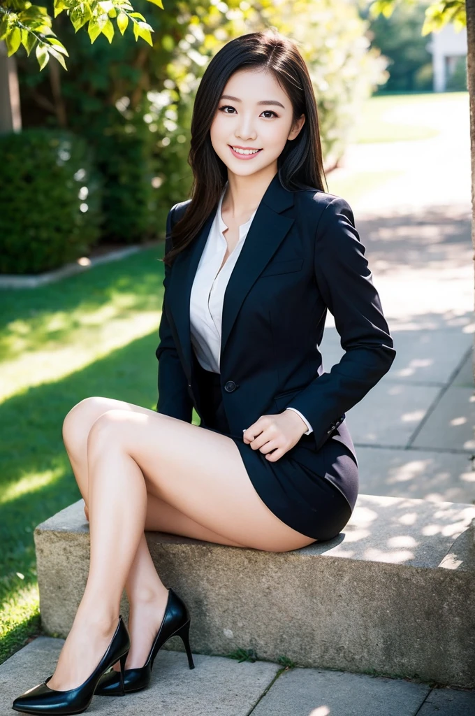 Pure Japanese young girl, outstanding body, beautiful legs, wearing formal business suits, high heels, vivid makeup and lips, thick eyebrows, formal black hair styles, sexual smile, professional portrait photography, sitting in summer sunlight, 