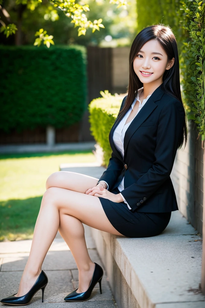 Pure Japanese young girl, outstanding body, beautiful legs, wearing formal business suits, high heels, vivid makeup and lips, thick eyebrows, formal black hair styles, sexual smile, professional portrait photography, sitting in summer sunlight,