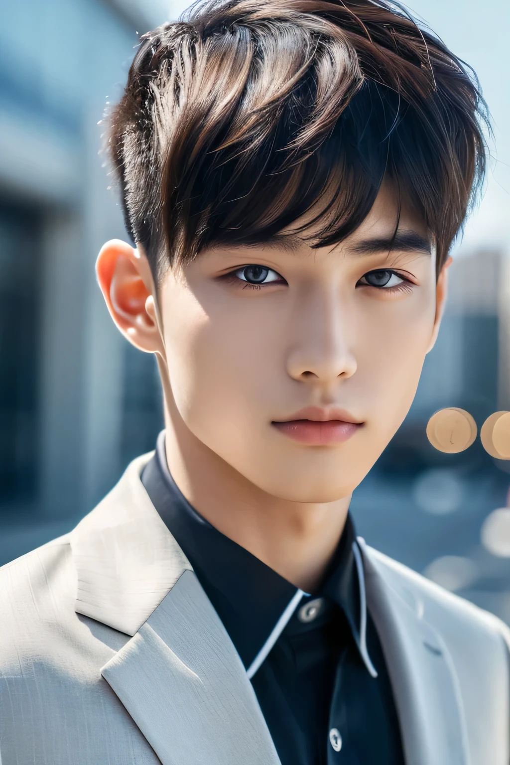 Highest quality, masterpiece, Ultra-high resolution, (Realistic: 1.4), Original photo, wallpaper, Head Photo, skin, Simple Background, Iris, detailed, Selfie, 1 boy, 18-year-old, good looking, Wind,suit、office