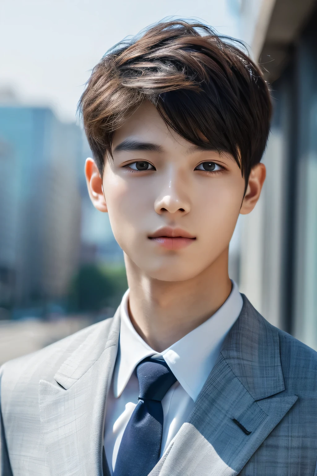 Highest quality, masterpiece, Ultra-high resolution, (Realistic: 1.4), Original photo, wallpaper, Head Photo, skin, Simple Background, Iris, detailed, Selfie, 1 boy, 18-year-old, good looking, Wind,suit、office