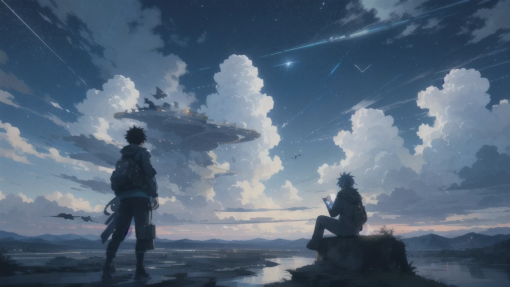 真っ暗なnight空,Octane, star (null), scenery, Blue parakeet,star, night, A girl and a boy  back to back, sit,Back view,Outdoor, city,Blue parakeet,building, cloud, 天のriver,silhouette