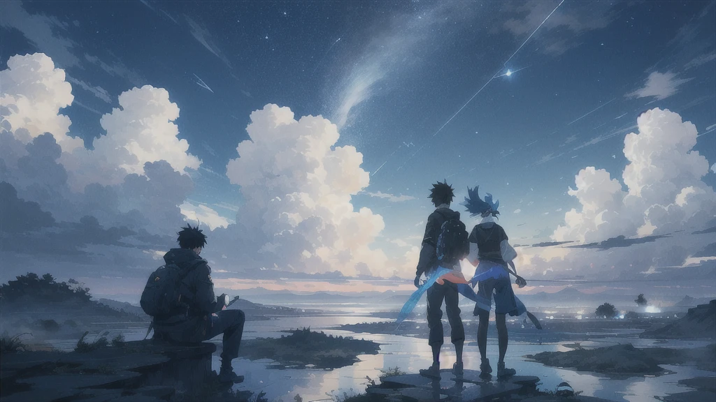 真っ暗なnight空,Octane, star (null), scenery, Blue parakeet,star, night, A girl and a boy back to back, sit,Back view,Outdoor, city,Blue parakeet,building, cloud, 天のriver,silhouette