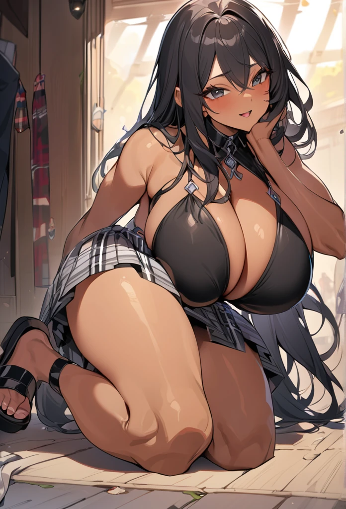 (anime style),masterpiece, best quality, extremely detailed,18Year old,tanned skin,dark skin, Beautiful tall body,gigantic breasts,BREAK,multicolored colorful black hair,flipped long hair,for head,BREAK,black eyes,best smile,open mouth,detailed lips,BREAK,cotton black big ribbon,BREAK,ripped warrior bikini、tartan check Skirt,sandals,childish pose,break,head tilt,