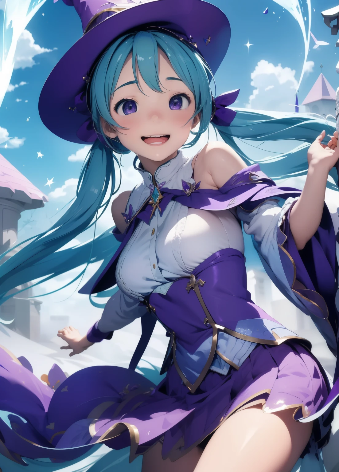 (masterpiece、Highest quality、Highest quality、Official Art、Beautiful and beautiful:1.2)、(One girl:1.3)Hatsune Miku、Twin tails,Beautiful breasts,Highest quality、One Girl、Whole Body Ezbian、Baby Face、Laughing with your mouth open、Cool、Cute eyes、Purple Wizard Clothes、huge 、purple wizard hat、flare skirt