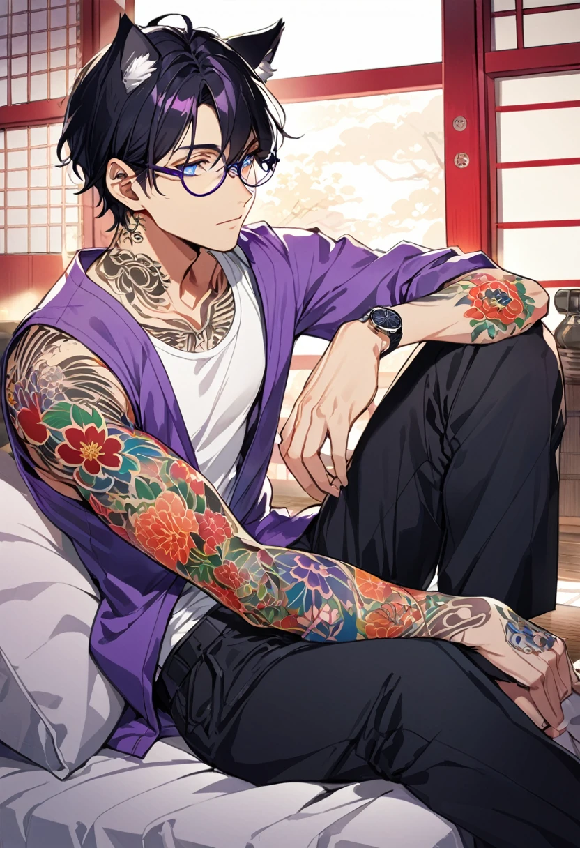 1man, short black hair, cat ears, bright blueviolet eyes, wearing a purple casual jacket, wearing a white undershirt, wearing black pants, wearing a vintage blueviolet watch, wearing round big glasses japanese style tattoos,  colorfull tattoos, tattoos all over the arms, resting head with hand