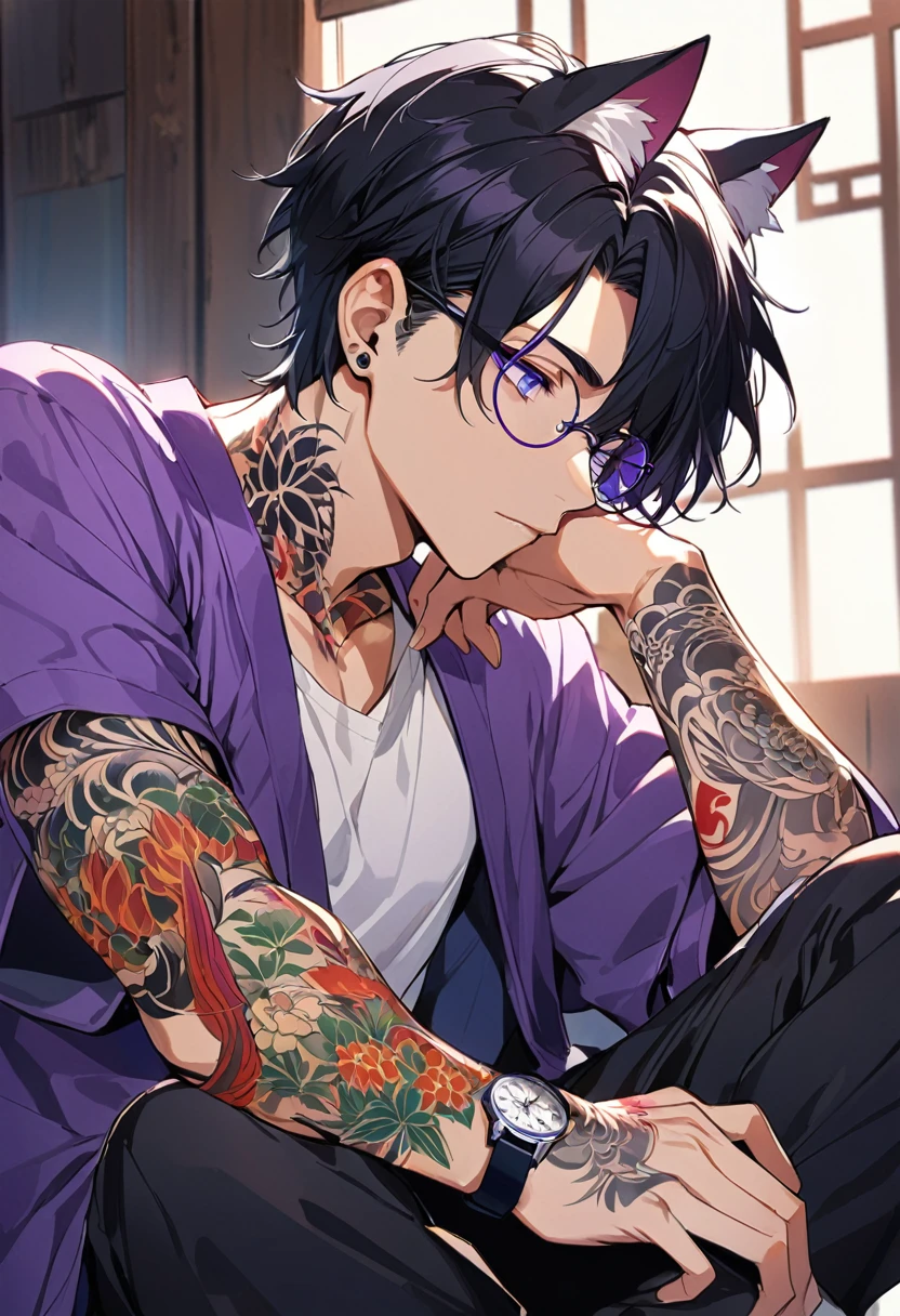 1man, short black hair, cat ears, bright blueviolet eyes, wearing a purple casual jacket, wearing a white undershirt, wearing black pants, wearing a vintage blueviolet watch, wearing round big glasses japanese style tattoos,  colorfull tattoos, tattoos all over the arms, resting head with hand