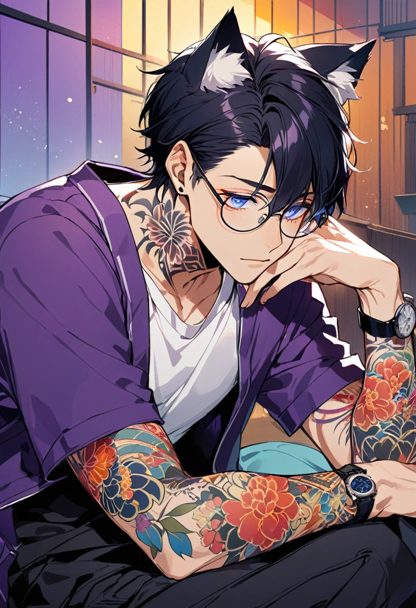 1man, short black hair, cat ears, bright blueviolet eyes, wearing a purple casual jacket, wearing a white undershirt, wearing black pants, wearing a vintage blueviolet watch, wearing round big glasses japanese style tattoos,  colorfull tattoos, tattoos all over the arms, resting head with hand