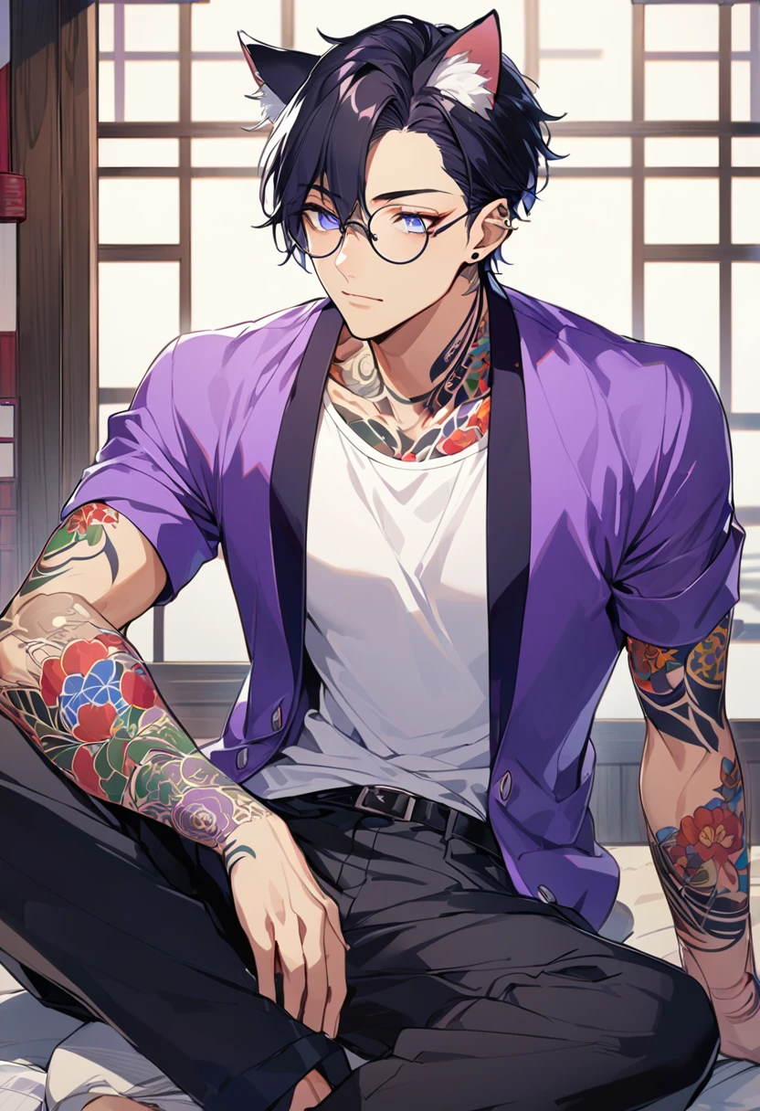 1man, short black hair, cat ears, bright blueviolet eyes, wearing a purple casual jacket, wearing a white undershirt, wearing black pants, wearing a vintage blueviolet watch, wearing round big glasses japanese style tattoos,  colorfull tattoos, tattoos all over the arms, resting head with hand