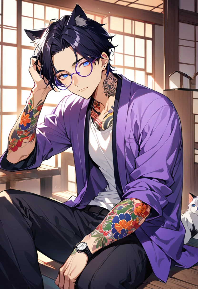 1man, short black hair, cat ears, bright blueviolet eyes, wearing a purple casual jacket, wearing a white undershirt, wearing black pants, wearing a vintage blueviolet watch, wearing round big glasses japanese style tattoos, colorfull tattoos, tattoos all over the arms, resting head with hand