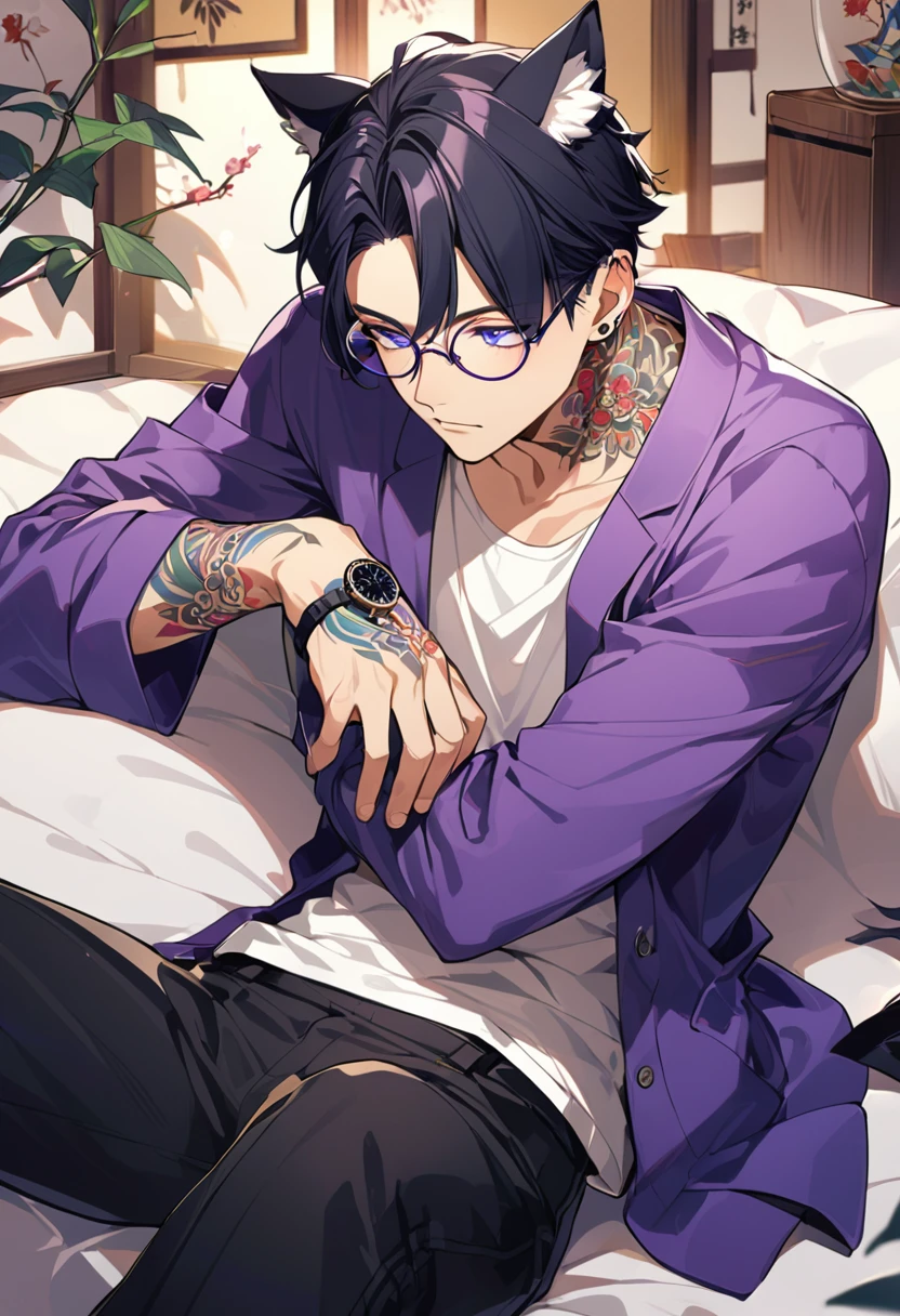 1man, short black hair, cat ears, bright blueviolet eyes, wearing a purple casual jacket, wearing a white undershirt, wearing black pants, wearing a vintage blueviolet watch, wearing round big glasses japanese style tattoos,  colorfull tattoos, tattoos all over the arms, resting head with hand