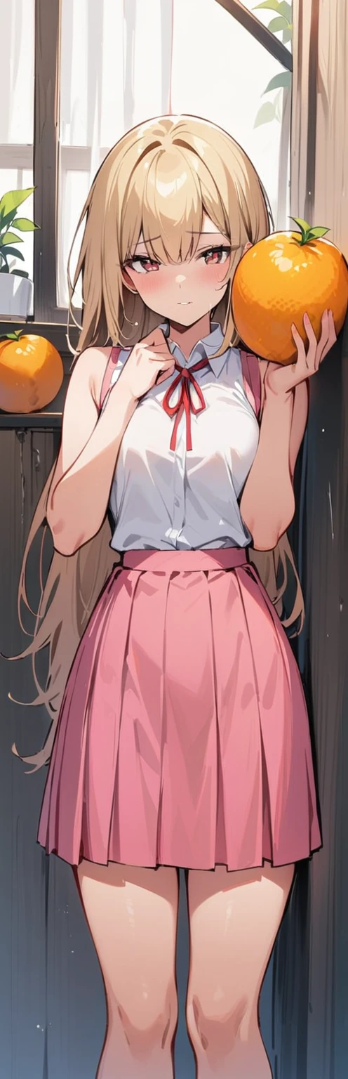 (masterpiece, best quality:1.2), 1 female, Solitary,permanent_Divided into,
Yujo oranges, Long hair, without black sleeveless short vest,Pink skirt,black, White_panties, Big ,