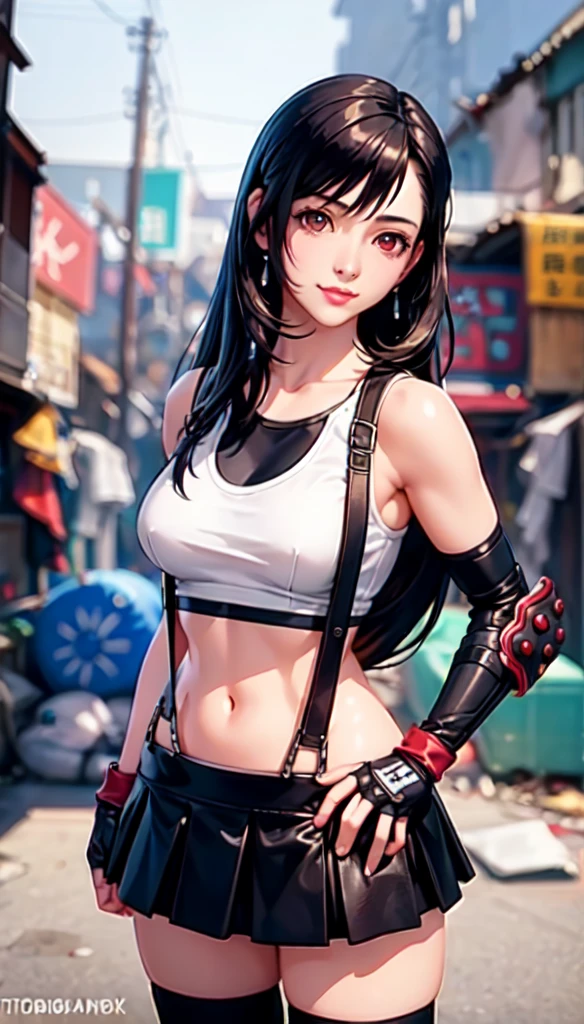 (best quality, masterpiece:1.4), (ultra high resolution:1.4), 8k illustration, extremely detailed, 3D, (realistic:1.45), (photo realistic:1.47), soft focus, blurry background, a Japanese woman, 7rtifa, incredible beautiful woman, extremely delicate and beautiful woman, solo, cute and pretty face, elegant, gentle, neat, red eyes, puffy lips, low-tied long hair, medium breasts, clear and fair skin, perfect figure, earrings, white crop top, suspenders, pleated miniskirt, black thighhighs, arm guards, elbow gloves, fingerless gloves, standing, both hands on hips, gentle smile, (in the slum:1.3), (cowboy shot), (shot from diagonally front),