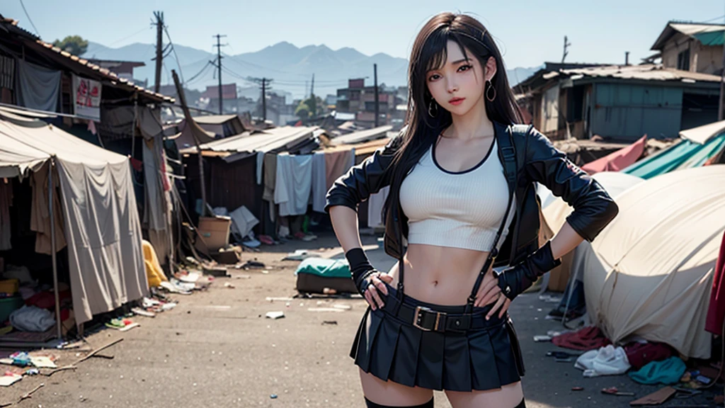 (best quality, masterpiece:1.4), (ultra high resolution:1.4), 8k illustration, extremely detailed, 3D, (realistic:1.45), (photo realistic:1.47), soft focus, blurry background, a Japanese woman, 7rtifa, incredible beautiful woman, extremely delicate and beautiful woman, solo, cute and pretty face, elegant, gentle, neat, red eyes, puffy lips, low-tied long hair, medium breasts, clear and fair skin, perfect figure, earrings, white crop top, suspenders, pleated miniskirt, black thighhighs, arm guards, elbow gloves, fingerless gloves, standing, both hands on hips, gentle smile, (in the slum:1.3), (cowboy shot), (shot from diagonally front),