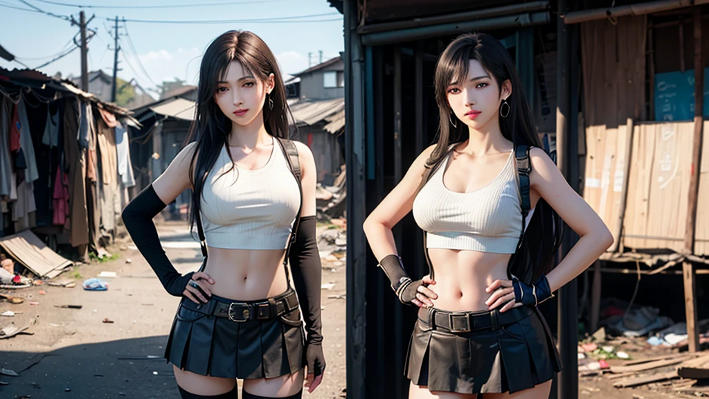 (best quality, masterpiece:1.4), (ultra high resolution:1.4), 8k illustration, extremely detailed, 3D, (realistic:1.45), (photo realistic:1.47), soft focus, blurry background, a Japanese woman, 7rtifa, incredible beautiful woman, extremely delicate and beautiful woman, solo, cute and pretty face, elegant, gentle, neat, red eyes, puffy lips, low-tied long hair, medium breasts, clear and fair skin, perfect figure, earrings, white crop top, suspenders, pleated miniskirt, black thighhighs, arm guards, elbow gloves, fingerless gloves, standing, both hands on hips, gentle smile, (in the slum:1.3), (cowboy shot), (shot from diagonally front),