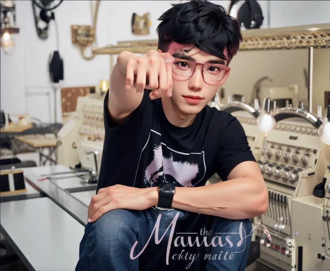 best quality, 1boy, solo, cartoon portrait , simple background, short hair, pink lips, black hair, black shirt, black glasses