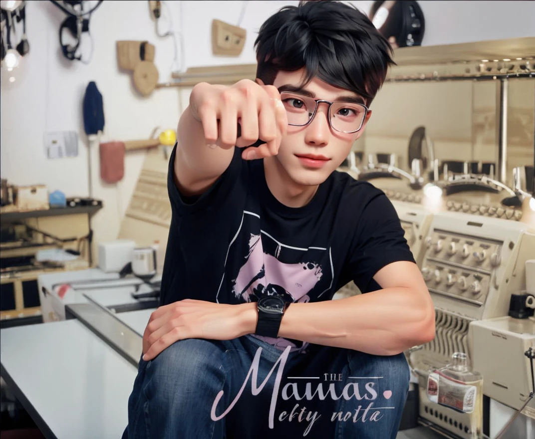 best quality, 1boy, solo, cartoon portrait , simple background, short hair, pink lips, black hair, black shirt, black glasses
