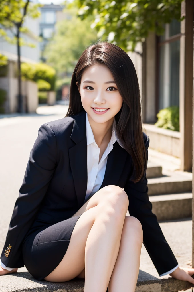 Pure Japanese young girl, outstanding body, beautiful legs, wearing formal business suits, high heels, vivid makeup and lips, thick eyebrows, formal black hair styles, sweet smile, sexual attractive, professional portrait photography, sitting in summer sunlight,