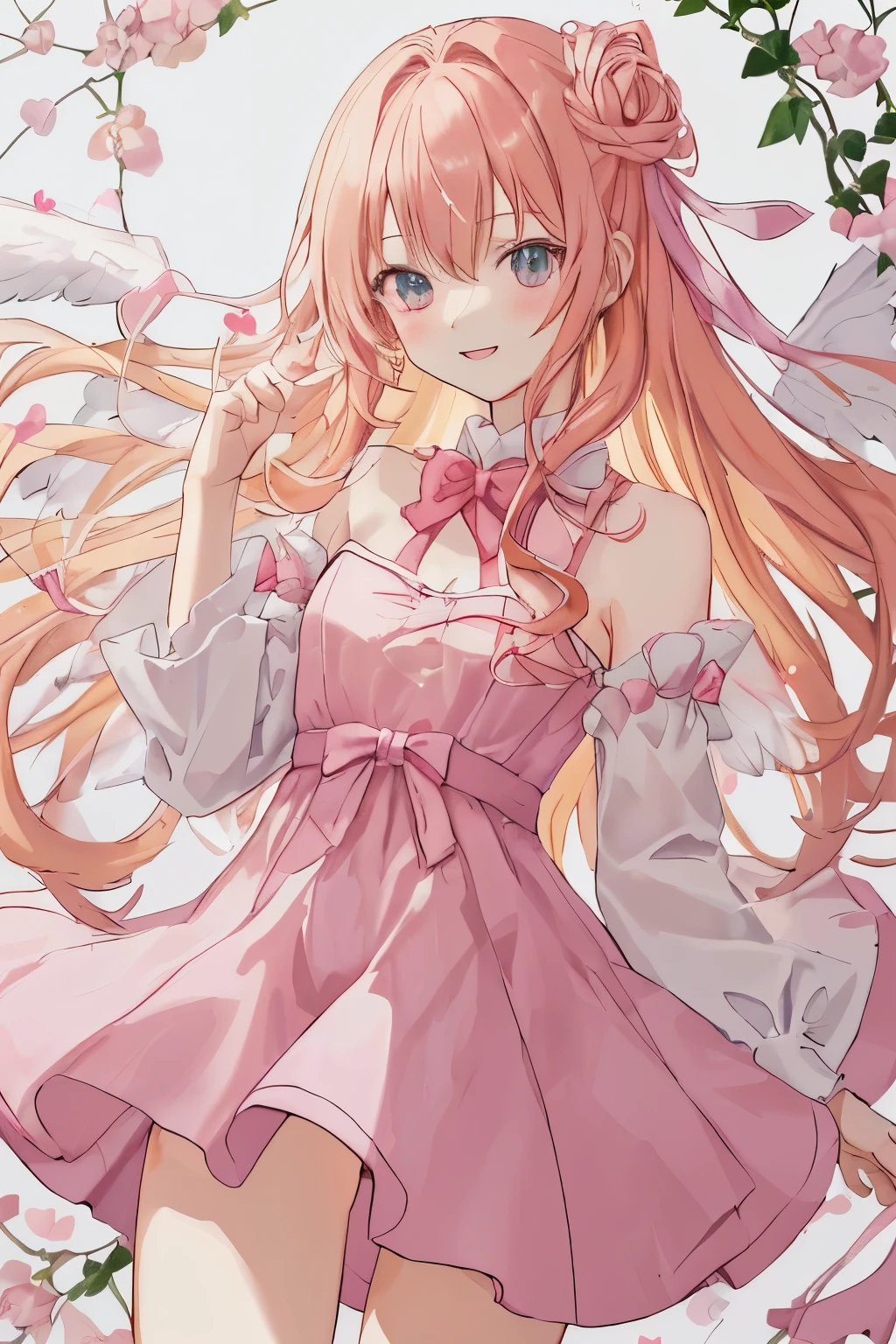 1_girl, (anime, kawai:2), (masterpeice, best_quality, simple, cute, dreamy, vibrant, clean:1.8), (cute, cute_smile, young:1.8), (delicate, beautiful, thin:1.5), (girlfriend, angel:1.6), (green_eyes, simple_eyes:1.5) (long_hair, blond_hair, wearing_pink_dress, pink_angel_wings, sexy_gloves:1.8), extremely_delicate, (love_magic:1.5), (age_size_fits_body), (small_thighs:1.3), (breasts), (eye_level:1.3), (heart_magic, love:1.5)