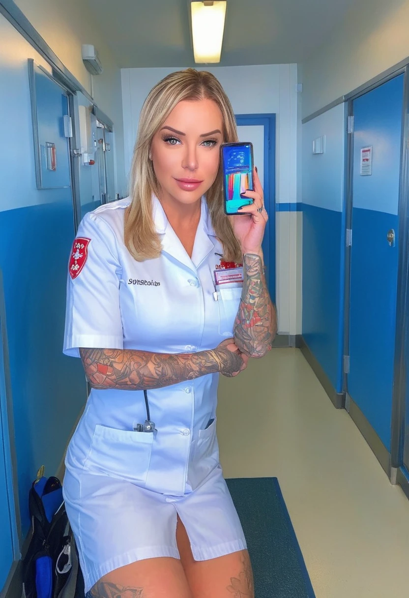 Laurence bedard in a nurse uniform holding a cell phone, wearing a nurse uniform with )petruing nipples:1.4), nurse ambulance lights shine on her face, brave nurse face, surgeon, bodycam, nurse uniform, full body camera shot, in blue uniform, (hard nipples:1.4), stethascope aroung neck, street footage, sparkling-eyes, perfect-eyes, full-lips, perfect-lips, stunningly-beautiful, high-saturation, 35mm-raw-photo, dynamic-composition, intense-expressions, nurse, doctor paramedic, brave nurse, casualty, doctor, paramedic