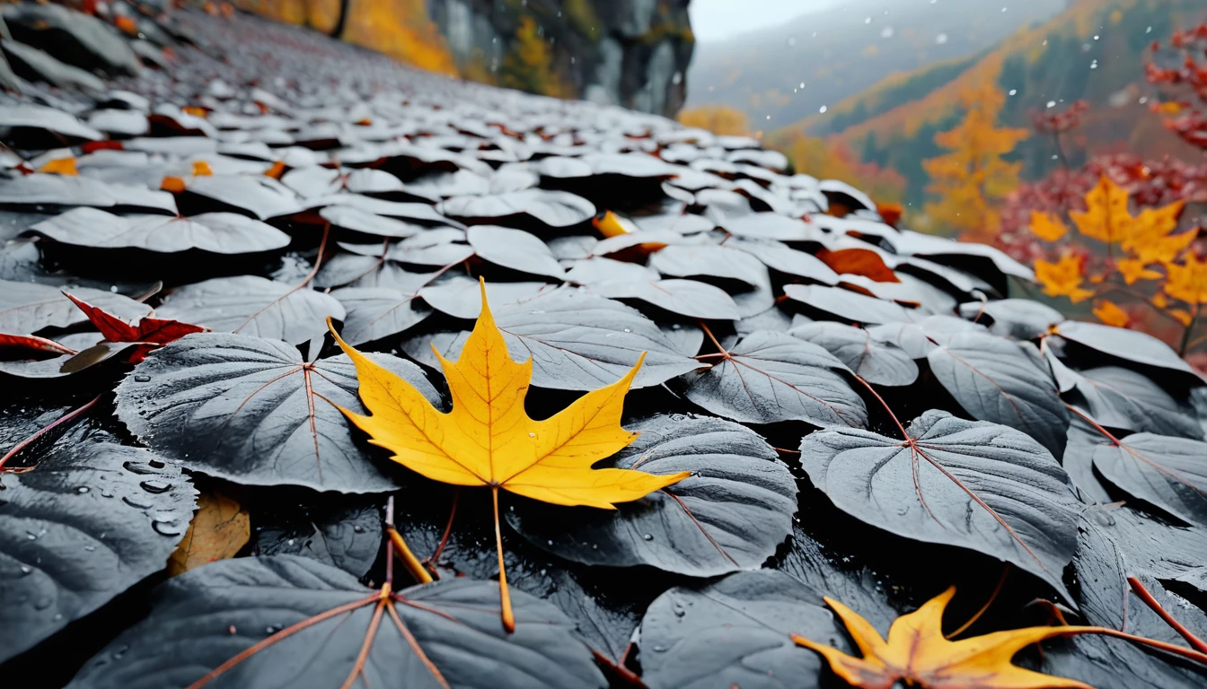 (black leaves),(winter leaves), (half withered),(on the cliff),magical round leaves leaves falling, snow is falling thinly,nature documentry footage, youtube video screenshot, today's featured photography 4k, autumn rain turkel, nature photography 4k, november, cinematic widescreen shot, leaves and magic, high quality screenshot, 2 0 2 1 cinematic 4 k framegrab, wide screenshot