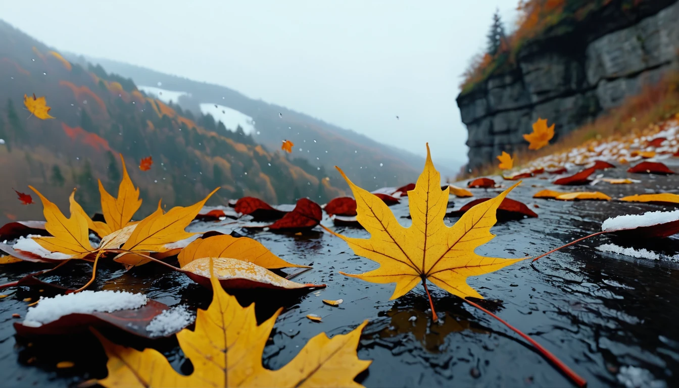 (black leaves),(winter leaves), (half withered),(on the cliff),magical round leaves leaves falling, snow is falling thinly,nature documentry footage, youtube video screenshot, today's featured photography 4k, autumn rain turkel, nature photography 4k, november, cinematic widescreen shot, leaves and magic, high quality screenshot, 2 0 2 1 cinematic 4 k framegrab, wide screenshot
