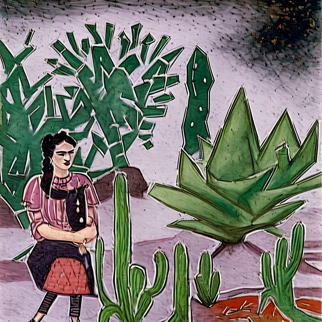 Frida Kahlo in the cactus garden drinking mezcal and smoking cigarettes with a Diabla woman who looks a lot like her, they both have many arms and look very happy to have met in the style of Remedios Varo and Leonora Carrington 