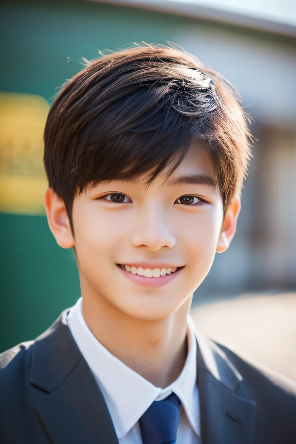 Highest quality, masterpiece, Ultra-high resolution, (Realistic: 1.4), Original photo, wallpaper, Head Photo, skin, Simple Background, Iris, detailed, Selfie, 1 boy, 18-year-old, good looking, Wind,smile、classroom