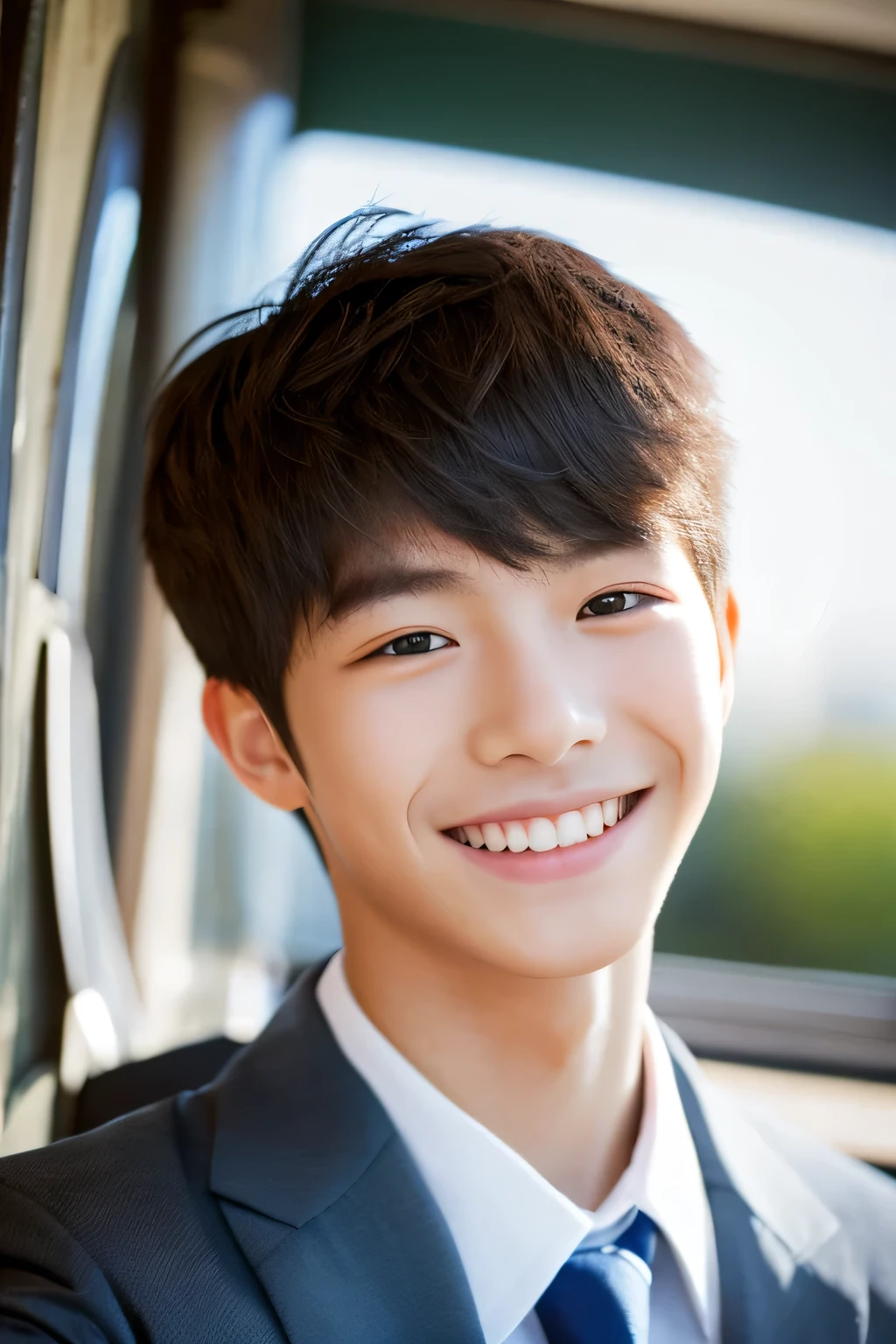 Highest quality, masterpiece, Ultra-high resolution, (Realistic: 1.4), Original photo, wallpaper, Head Photo, skin, Simple Background, Iris, detailed, Selfie, 1 boy, 18-year-old, good looking, Wind,smile、classroom