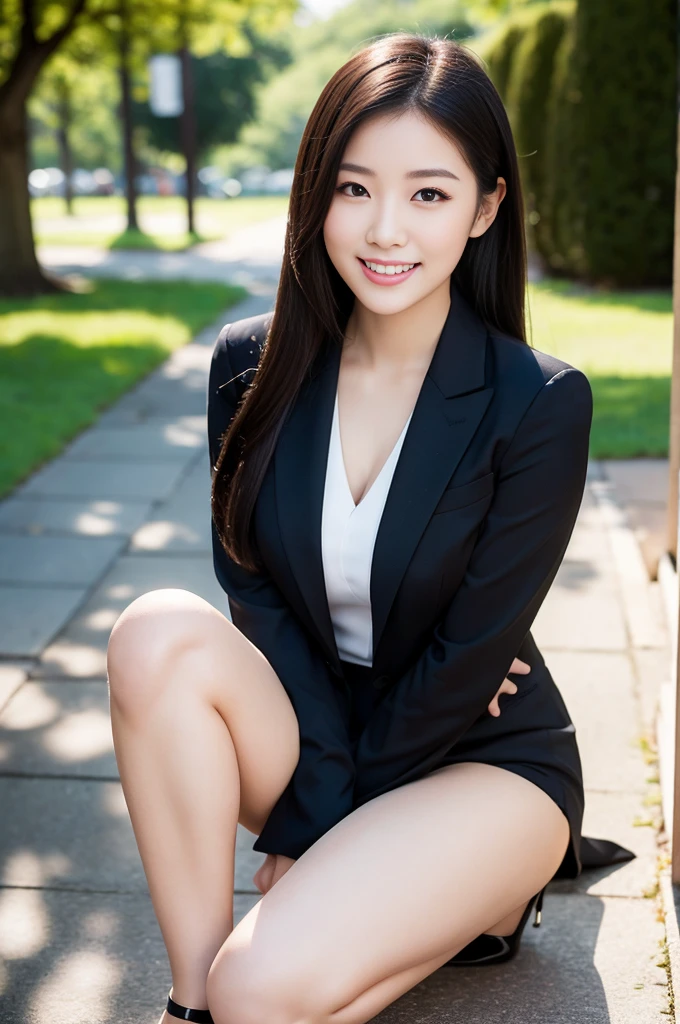 Pure Japanese young girl, outstanding body, beautiful legs, wearing formal business suits, high heels, vivid makeup and lips, thick eyebrows, formal black hair styles, sweet smile, sexual attractive, professional portrait photography, sitting in summer sunlight, 