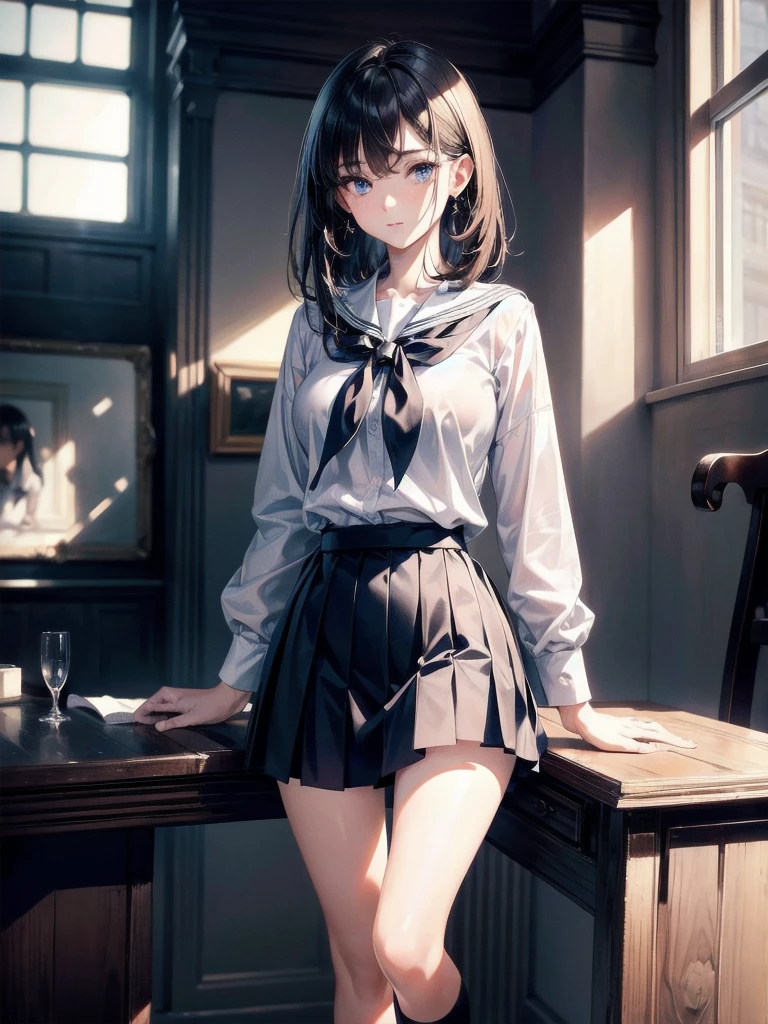 absurdres, RAW photo, extremely delicate and beautiful, masterpiece, Best Quality, ultra high resolution, 32k, hyperrealistic, ultra-detailed, perfect anatomy, super Detailed skin, perfect figure, Super Beauty, Perfect Style, Perfect balance, Beautiful Lighting, Perfect Lightning, Realistic Shadows, 20 years old, very Slim body, narrow waist, very small head, very small face, delicate facial features, handsome detailed woman, very detailed eyes and face, realistic face proportions, Realistic beautiful face, Realistic beautiful eyes, tearful mole, earring, very huge round breasts, medium hair, asymmetrical hair, full body shot, indoor, short skirt, (school_uniform:1.2),