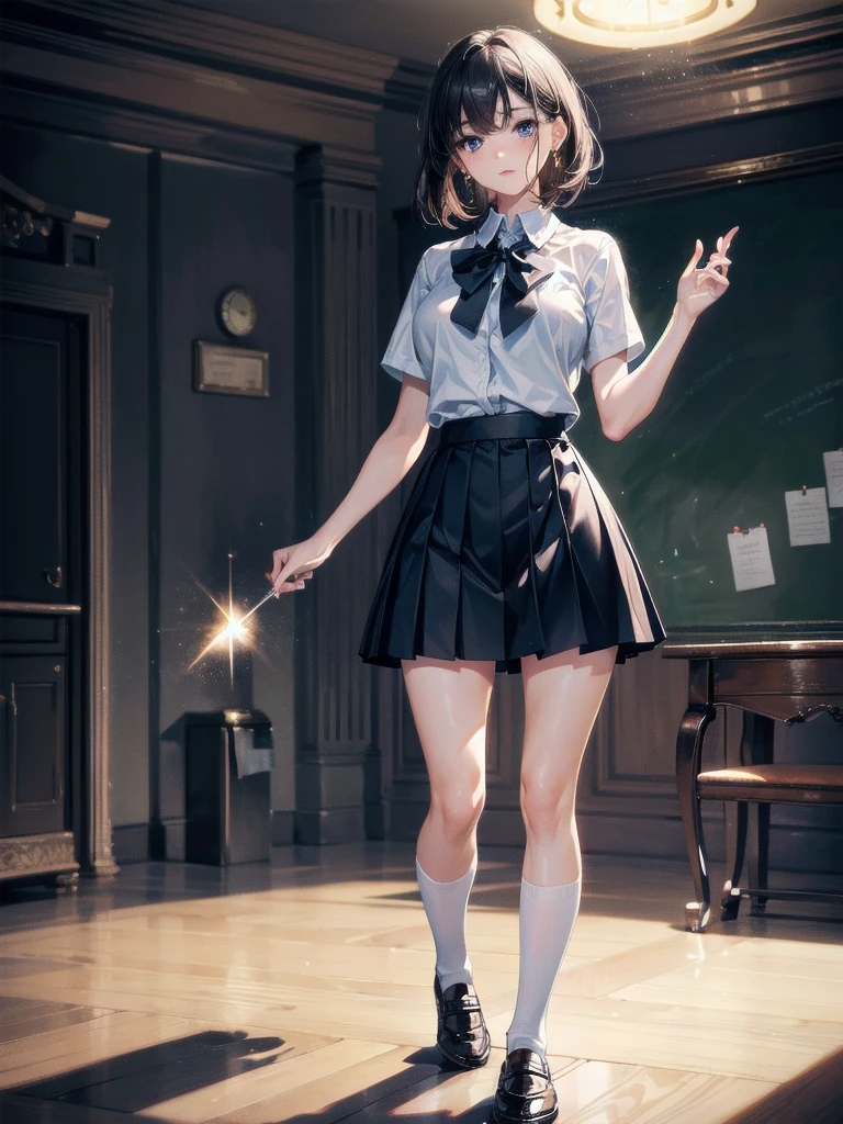 Masterpiece, Best Quality, High Resolution, Purple Eyes, Light Brown Bob Cut, High School Uniform, Mini Skirt, Pleated Skirt, Crotch Open Squat, Dress Lift: 2,Show Off Pink String Panties,Look Down,Close Up,Angle from Right Below --auto --s2