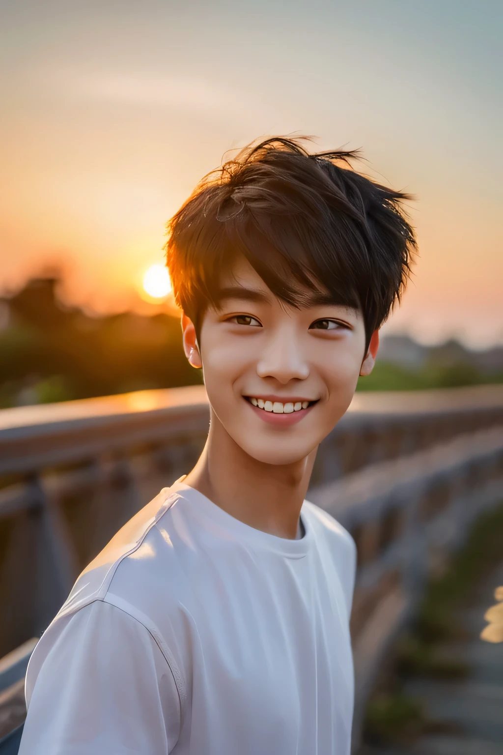 Highest quality, masterpiece, Ultra-high resolution, (Realistic: 1.4), Original photo, wallpaper, Head Photo, skin, Simple Background, Iris, detailed, Selfie, 1 boy, 18-year-old, good looking, Wind,Sunset、smile