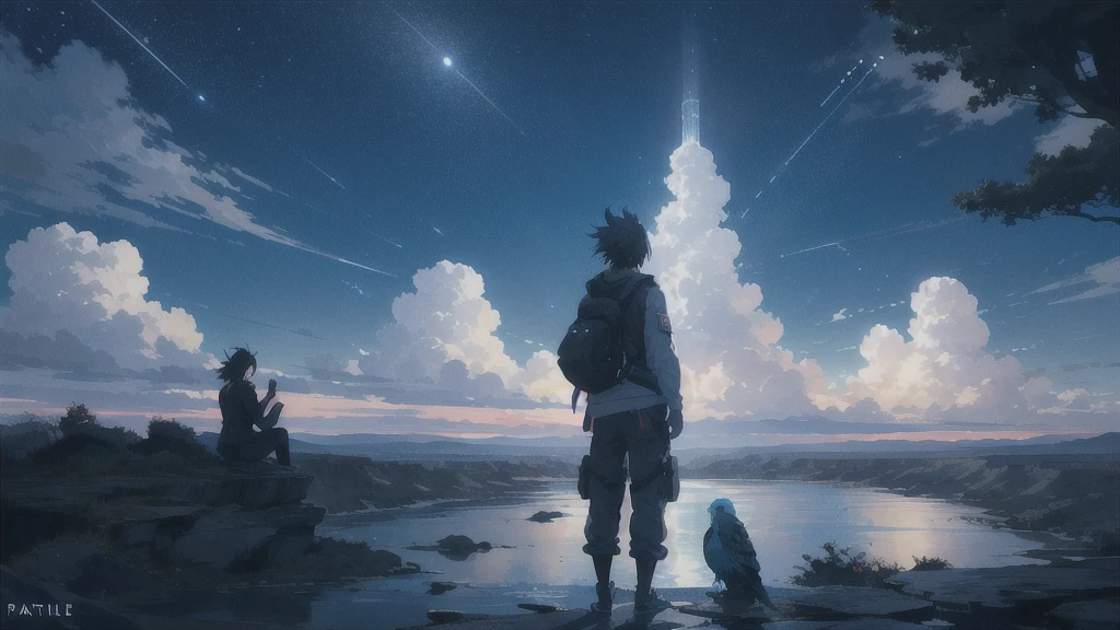 真っ暗なnight空,Octane, star (null), scenery, Blue parakeet,star, night, A girl back to back, sit,Back view,Outdoor, city,Blue parakeet,building, cloud, 天のriver,silhouette
