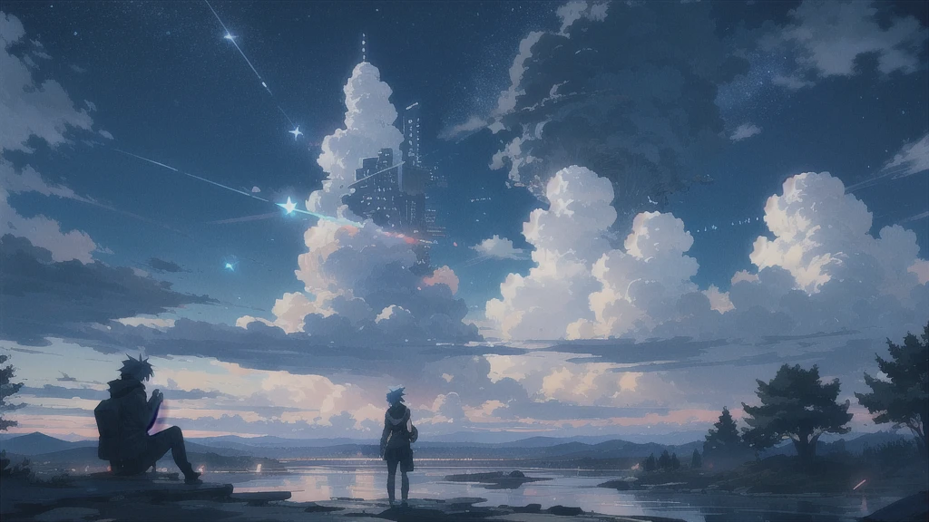 真っ暗なnight空,Octane, star (null), scenery, Blue parakeet,star, night, A girl back to back, sit,Back view,Outdoor, city,Blue parakeet,building, cloud, 天のriver,silhouette