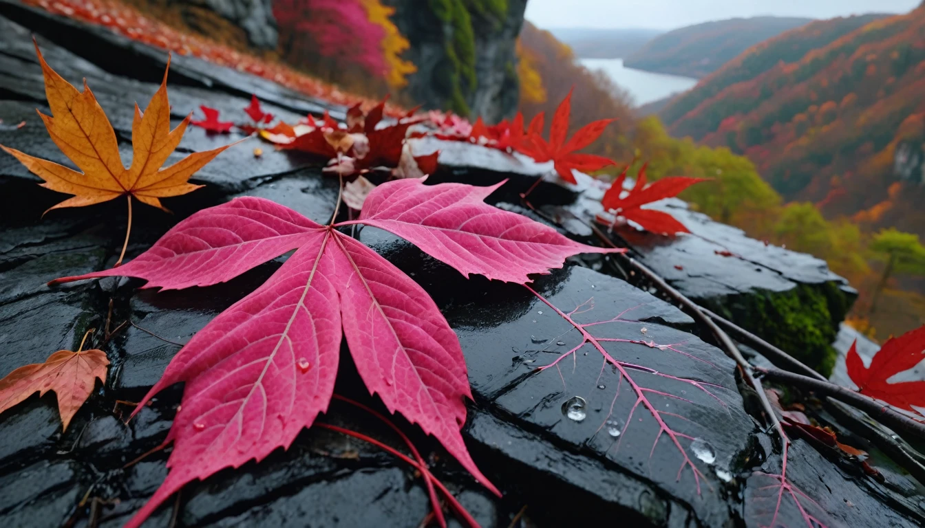 (deep pink gradation leaves),(winter leaves), (half withered),(on the cliff),magical round leaves leaves falling, snow is falling thinly,nature documentry footage, youtube video screenshot, today's featured photography 4k, autumn rain turkel, nature photography 4k, november, cinematic widescreen shot, leaves and magic, high quality screenshot, 2 0 2 1 cinematic 4 k framegrab, wide screenshot