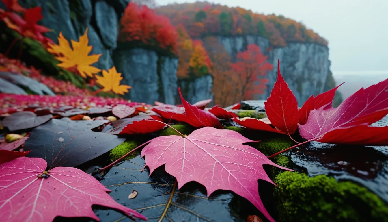 (deep pink gradation leaves),(winter leaves), (half withered),(on the cliff),magical round leaves leaves falling, snow is falling thinly,nature documentry footage, youtube video screenshot, today's featured photography 4k, autumn rain turkel, nature photography 4k, november, cinematic widescreen shot, leaves and magic, high quality screenshot, 2 0 2 1 cinematic 4 k framegrab, wide screenshot