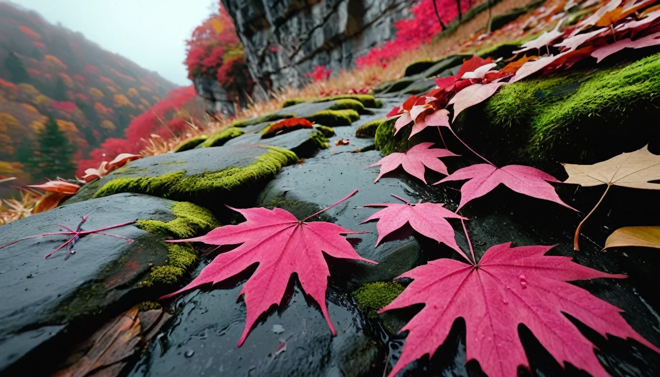 (deep pink gradation leaves),(winter leaves), (half withered),(on the cliff),magical round leaves leaves falling, snow is falling thinly,nature documentry footage, youtube video screenshot, today's featured photography 4k, autumn rain turkel, nature photography 4k, november, cinematic widescreen shot, leaves and magic, high quality screenshot, 2 0 2 1 cinematic 4 k framegrab, wide screenshot