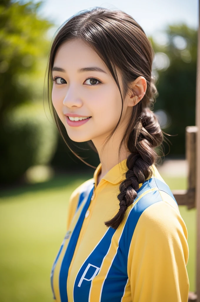 Pure young Japanese cheerleader girl, wearing summer uniforms, natural hair styles, impressive big brown eyes, no makeup, thick eyebrows, pure smile, refreshing in summer sunlight, feeling soft breeze in hair, sexual attractive, professional portrait photography, 