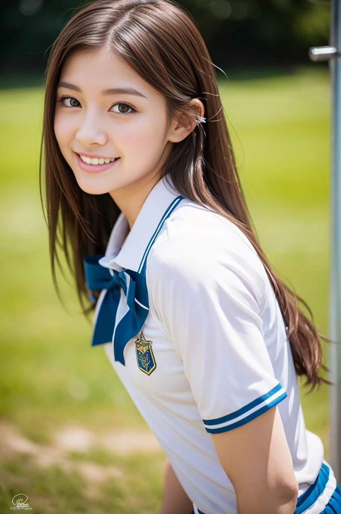 Pure young Japanese cheerleader girl, wearing summer uniforms, natural hair styles, impressive big brown eyes, no makeup, thick eyebrows, pure smile, refreshing in summer sunlight, feeling soft breeze in hair, sexual attractive, professional portrait photography,