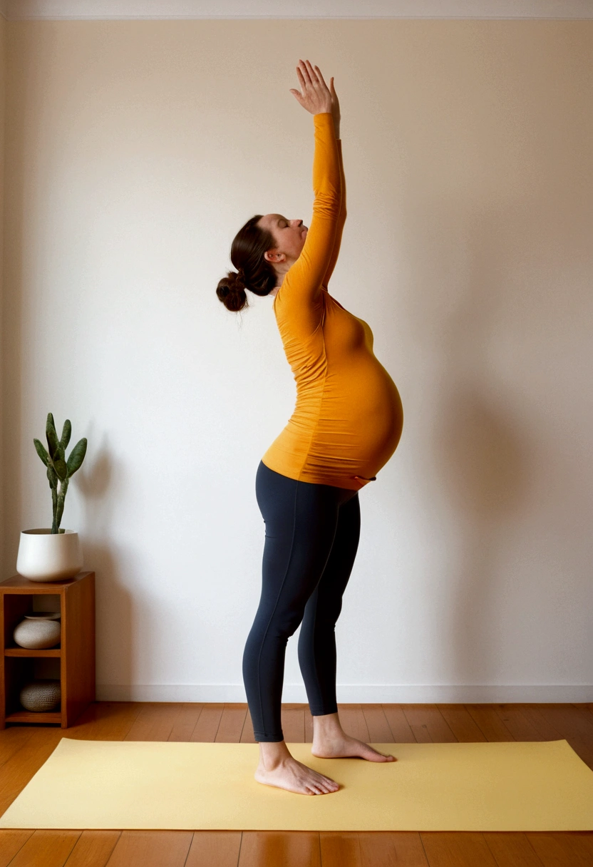 prompt: "Yoga prenatal , Mountain Pose (Tadasana), Pregnant woman standing on a flat surface in her quiet place at home, with feet together or slightly apart, distributing weight evenly, showing and explaining the posture correctly, in the style of light yellow and light orange., candid moments, Patricia Piccinini, happy and optimistic, y2k aesthetic, daniel ridgway caballero, High quality photo."